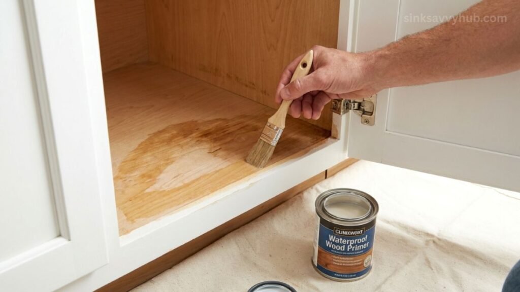 applying waterproof sealant under sink Brushing a clear waterproof primer sealant onto the wooden under-sink cabinet floor to block moisture damage
