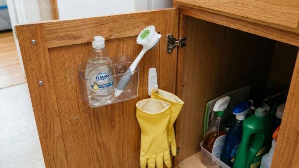Using stick-on caddies and Command hooks on cabinet doors to neatly hold dish soap and wet rubber gloves