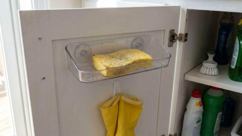 Using stick-on door caddies and hooks to store wet sponges and rubber gloves away from sink plumbing