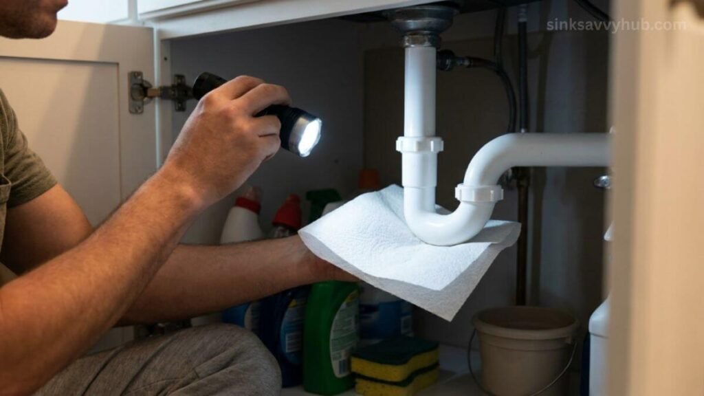 checking active leaks under kitchen sink Using a flashlight and dry paper towel to check for active plumbing leaks under the kitchen sink