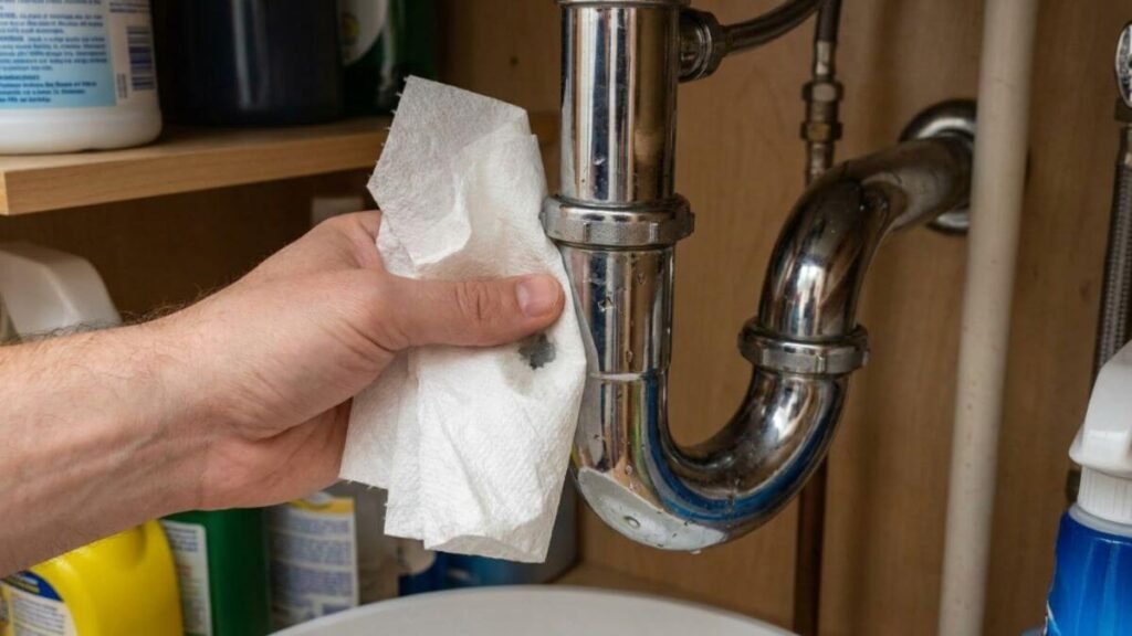 Using a dry paper towel to check for slow leaks and hidden moisture around the drain pipe under the sink
