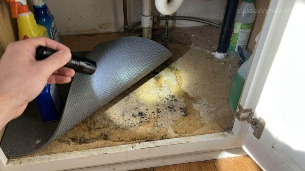 Lifting a plastic rubber mat to check for hidden moisture and dark mold spots on the cabinet floor.