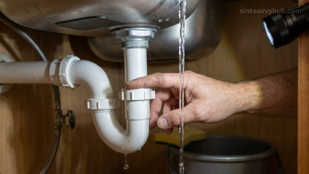 checking kitchen sink p trap leak.jpg Wiping a dry finger around the plastic slip joints of the P-trap drain pipe to feel for slow moisture leaks