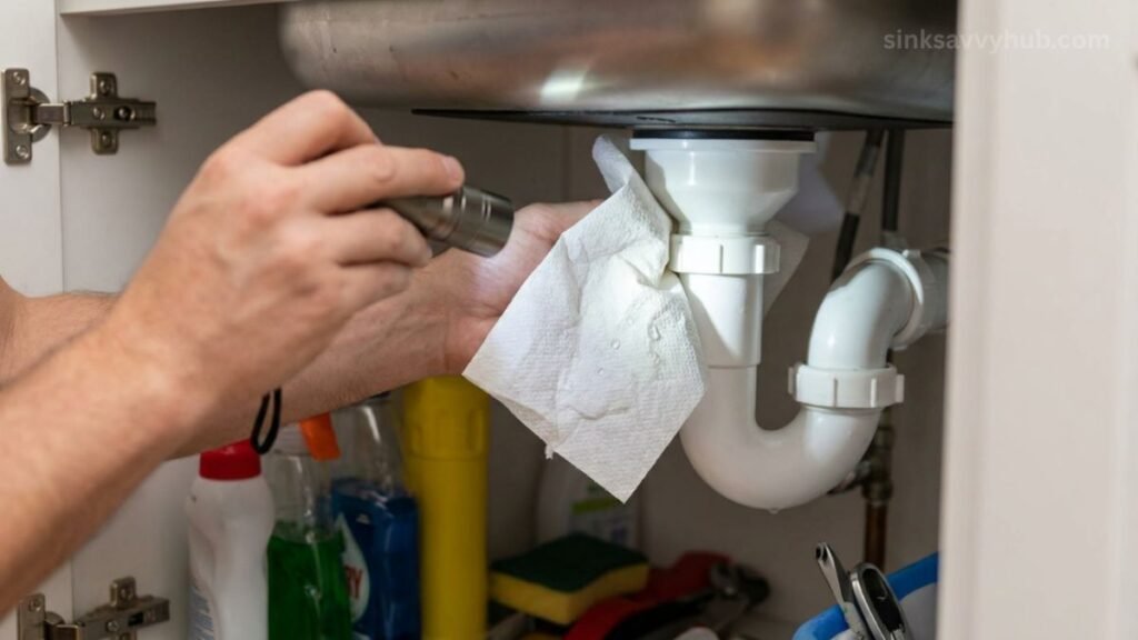 checking under sink leaks with paper towel Checking plastic P-trap joints with a flashlight and dry paper towel to find hidden under-sink water leaks