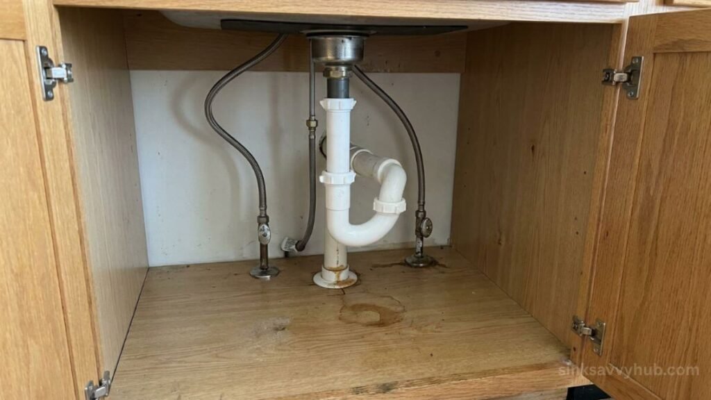 Overview of the plumbing setup showing the most common leak points under a kitchen sink