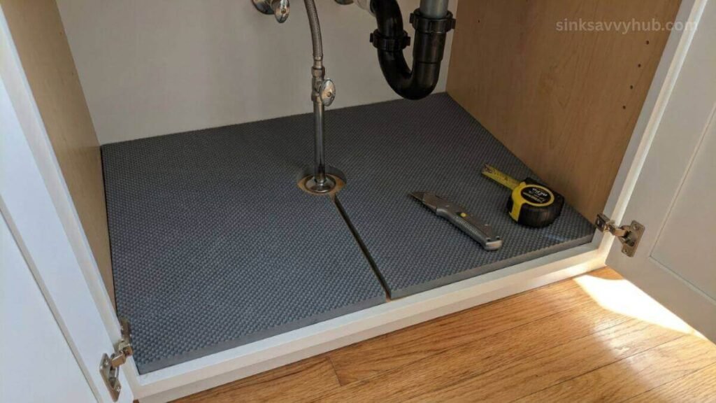 A waterproof rubber mat with a precise cutout hugging the sink pipes tightly to prevent water damage