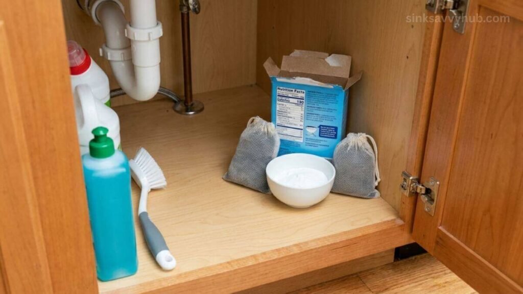 Using an open box of baking soda and charcoal bags to naturally deodorize the under kitchen sink cabinet.