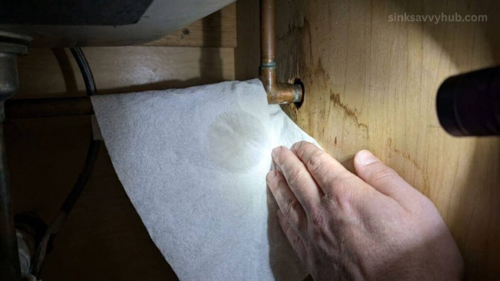 Using a dry white paper towel against pipe joints and bare wood to check for hidden moisture under the sink.