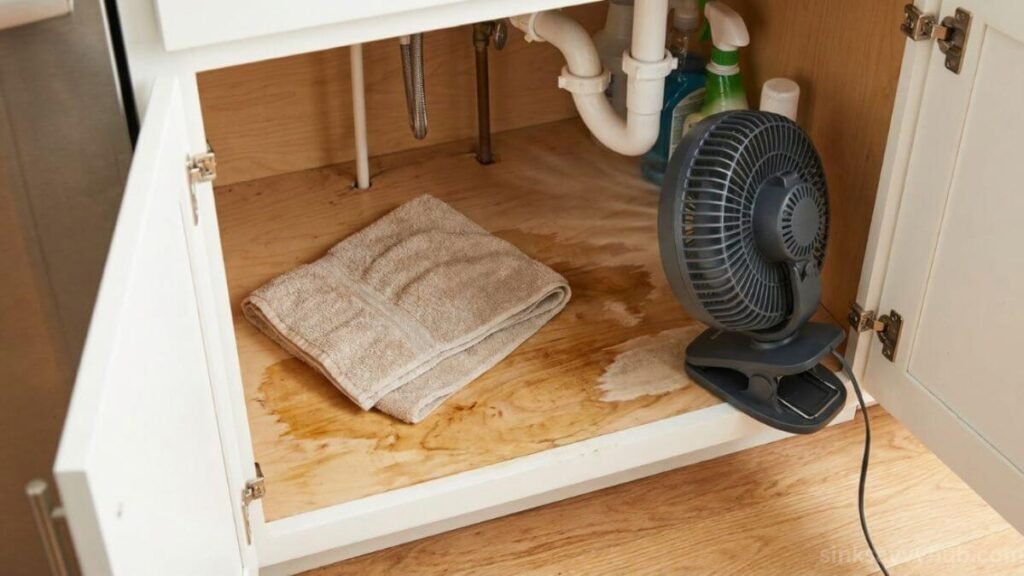Using a small fan to dry cabinet moisture and handle water damage under the kitchen sink