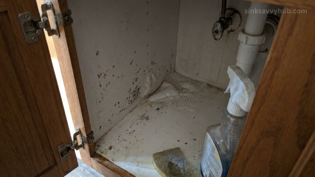 early signs of mold under kitchen sink Dark spots and bubbling cabinet liners showing early signs of mold growth under the kitchen sink