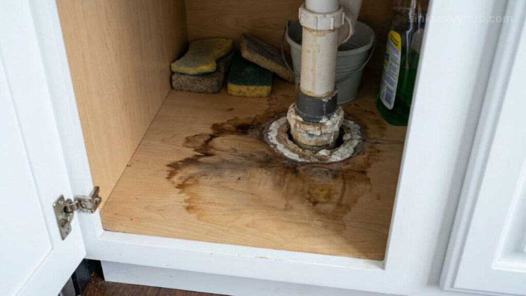 early signs of water damage under sink Chalky white mineral buildup and dark water stains on the wood floor indicating early water damage under the sink