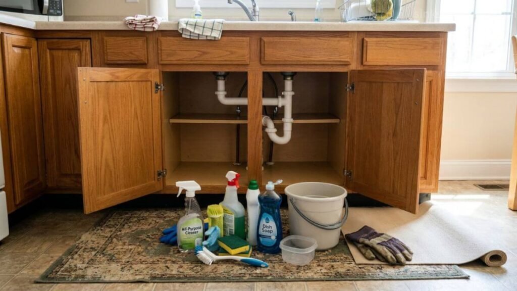 Emptying the kitchen sink cabinet completely to find ant trails and prep the area before using bait