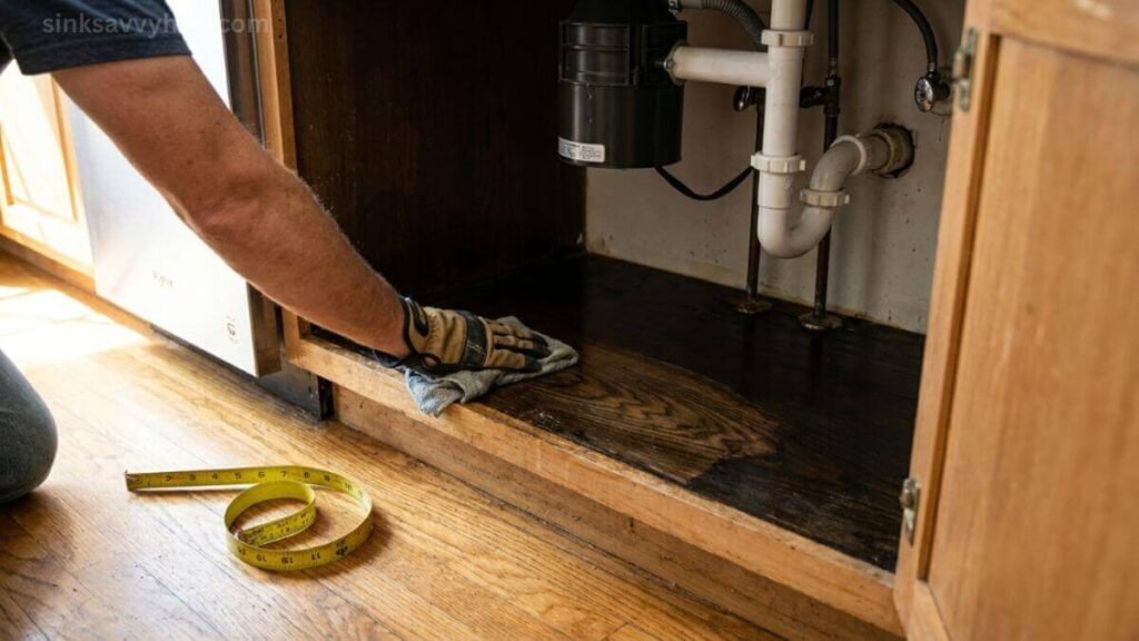  Emptying a deep under-sink cabinet and measuring the space around pipes before organizing