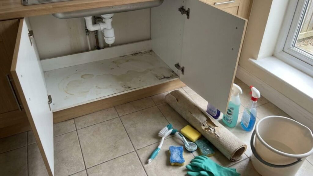 Emptying all cleaning bottles and wet items from the cabinet before cleaning mold under the kitchen sink