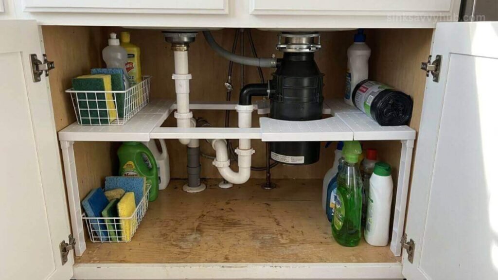 Expandable shelf organized perfectly around a heavy garbage disposal and plumbing under the kitchen sink