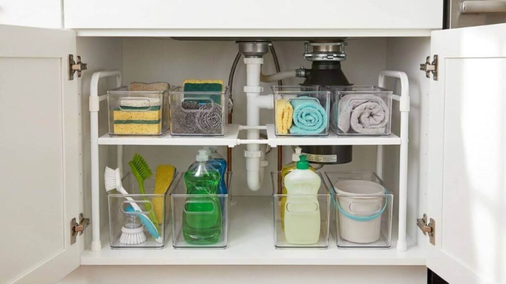 Using expandable shelves around plumbing to double vertical storage space under a deep kitchen sink