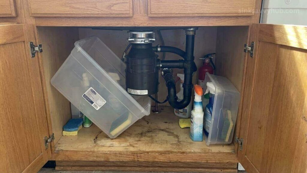 Bulky garbage disposal motor taking up center space in a kitchen sink cabinet, making storage difficult