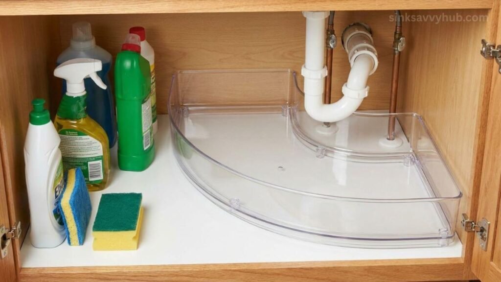 A hard plastic half-moon lazy Susan organizer perfectly dodging center plumbing under the sink