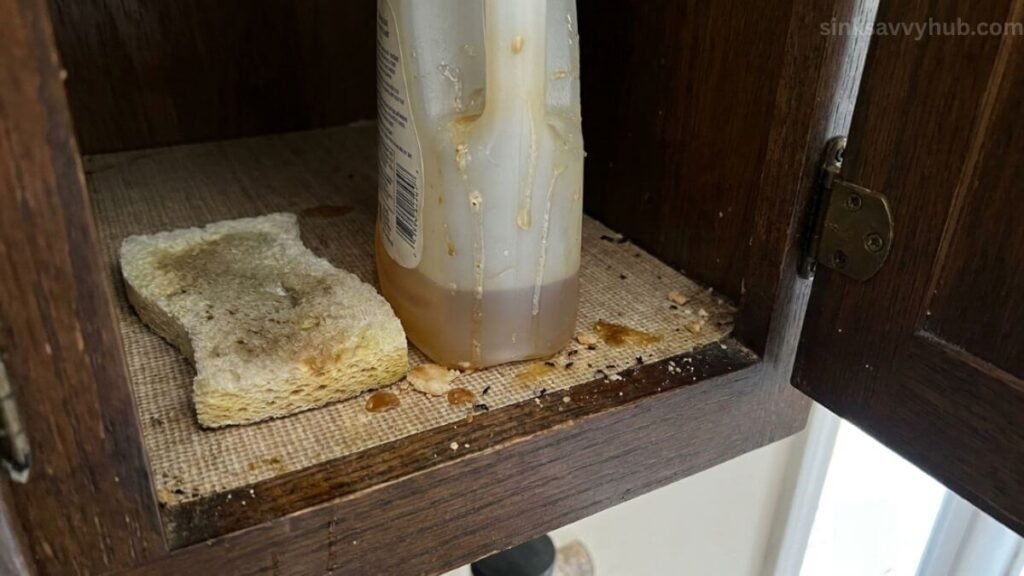 A sticky soap bottle and damp sponge attracting an ant trail under a seemingly clean kitchen sink