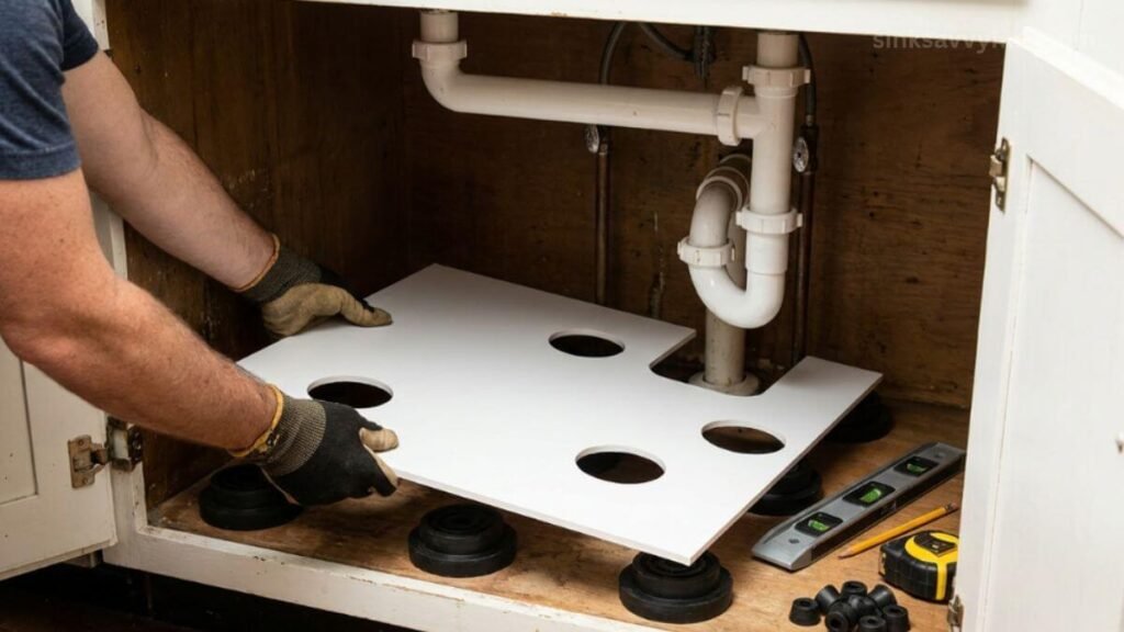 installing raised floor under sink cabinet Placing a custom-cut PVC board over rubber risers to install a raised floor under the kitchen sink plumbing