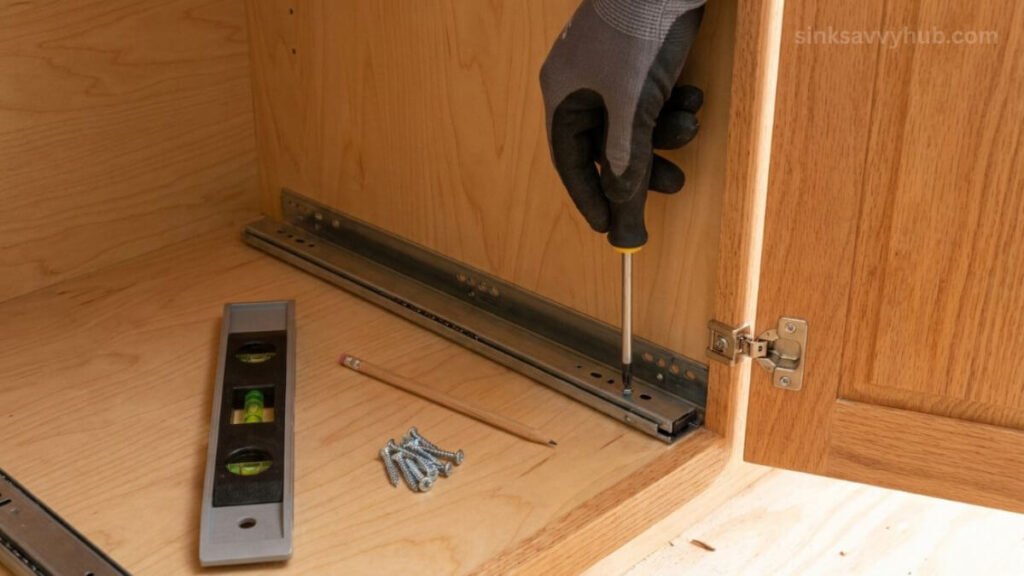 installing sliding drawer tracks under sink Securing the metal tracks of a sliding drawer to the wooden cabinet floor using a hand screwdriver