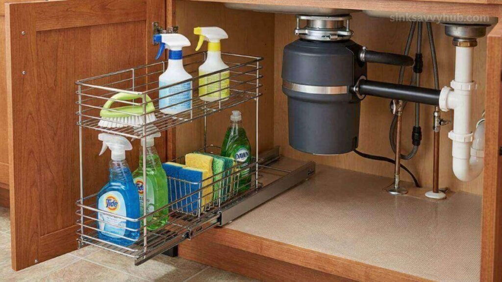 L-shaped sliding drawer bypassing the garbage disposal to easily store cleaning supplies under the sink