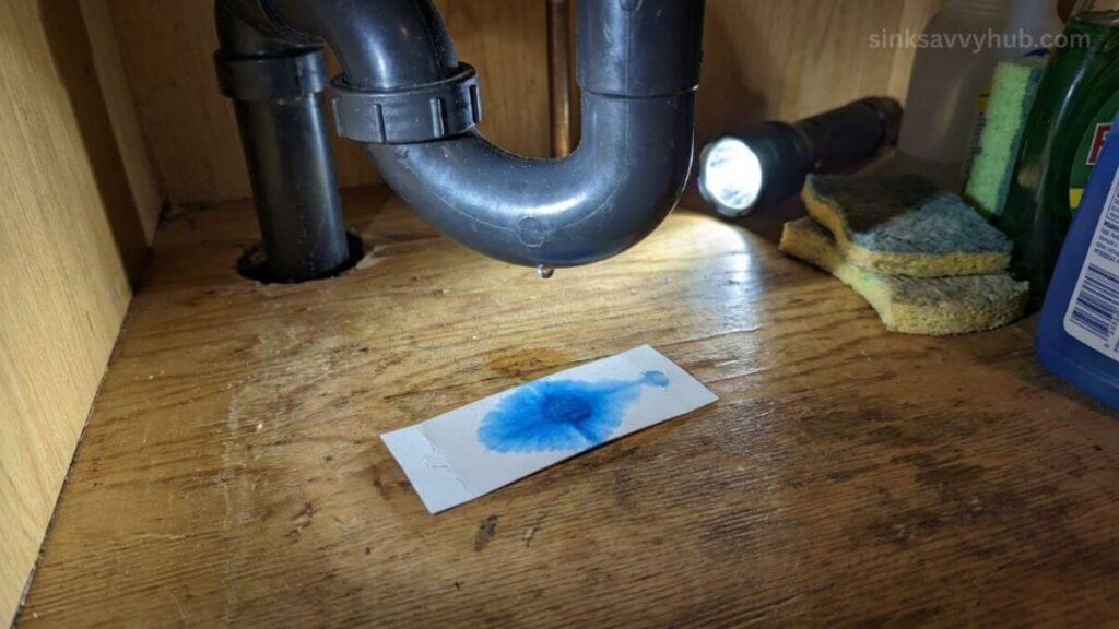 leak detection strip under kitchen sink Using a small leak detection strip placed on the wooden floor under the P-trap to catch hidden slow drips