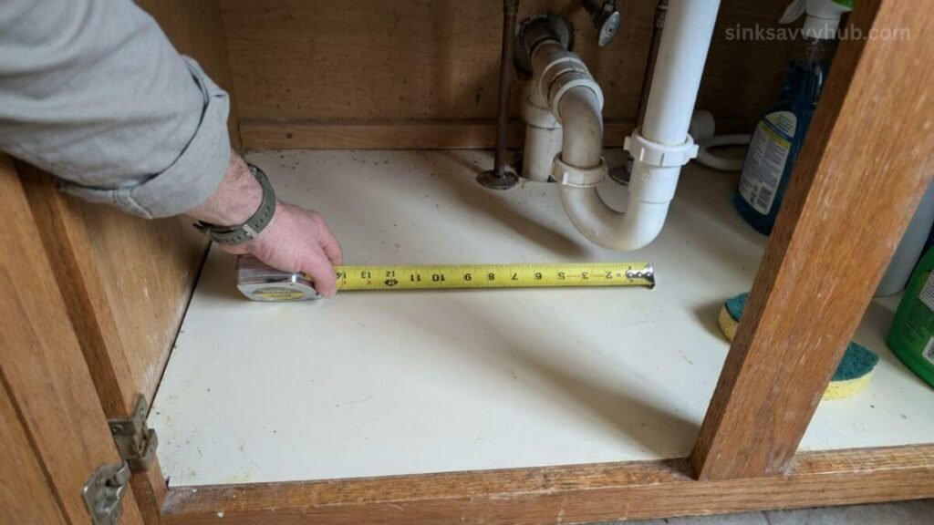 Measuring the flat floor space around pipes to find the perfect under sink lazy Susan organizer