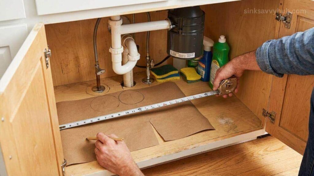 Using a tape measure and paper template to accurately measure the cabinet base for a waterproof mat