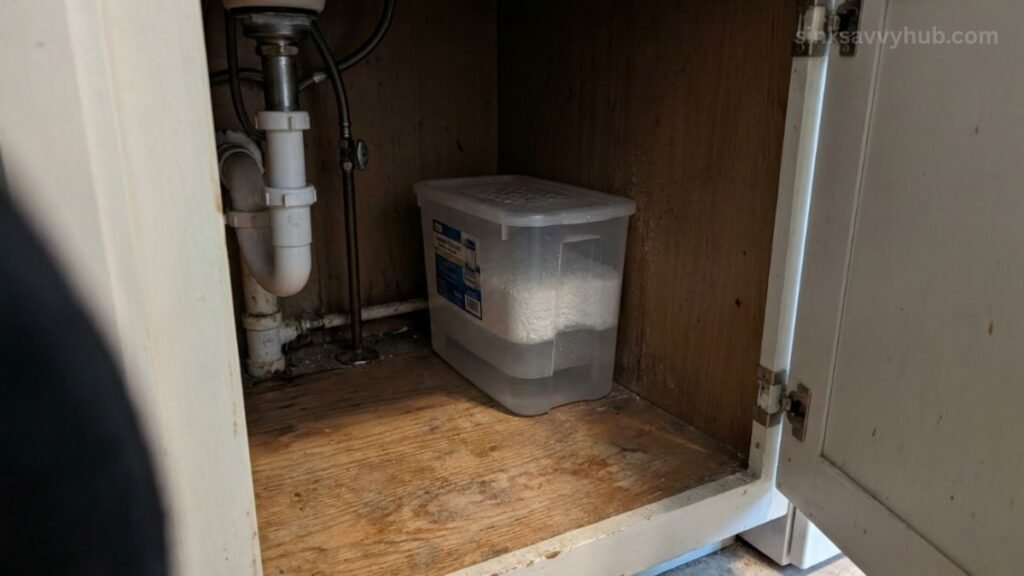 moisture absorber tub under kitchen sink Placing a moisture absorber tub in the deep back corner of the sink cabinet to control heavy ambient humidity