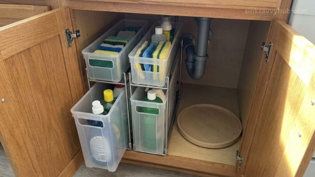 Using slim plastic pull-out bins instead of a round lazy Susan for very narrow under kitchen sink spaces