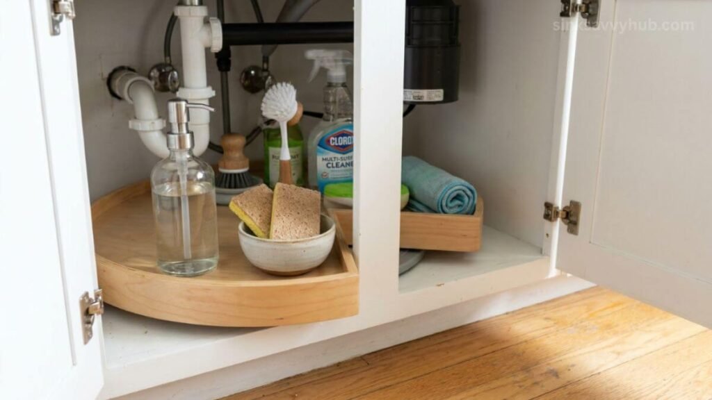 Organizing daily cleaning supplies and dish soap neatly on a spinning lazy Susan under the kitchen sink