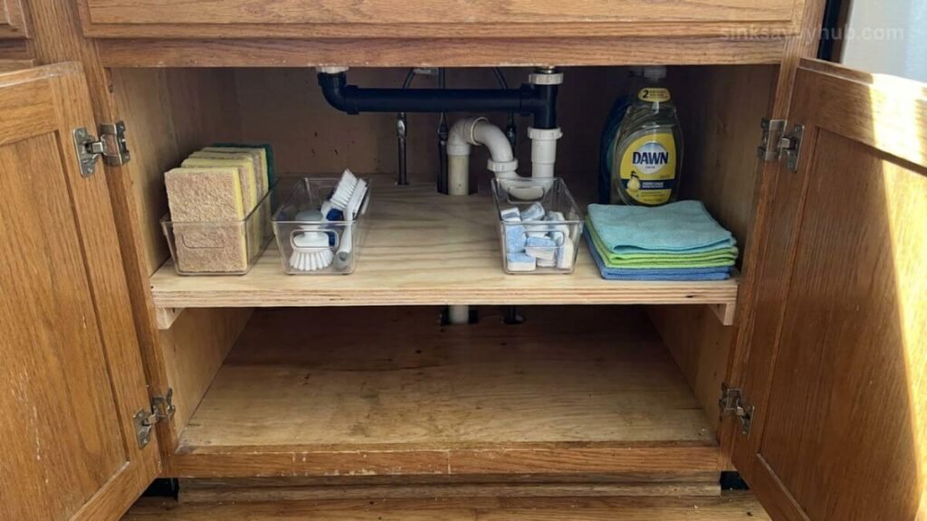 organized false bottom floor under sink An organized false bottom floor under the sink featuring plastic bins and cleaning supplies safe from water leaks