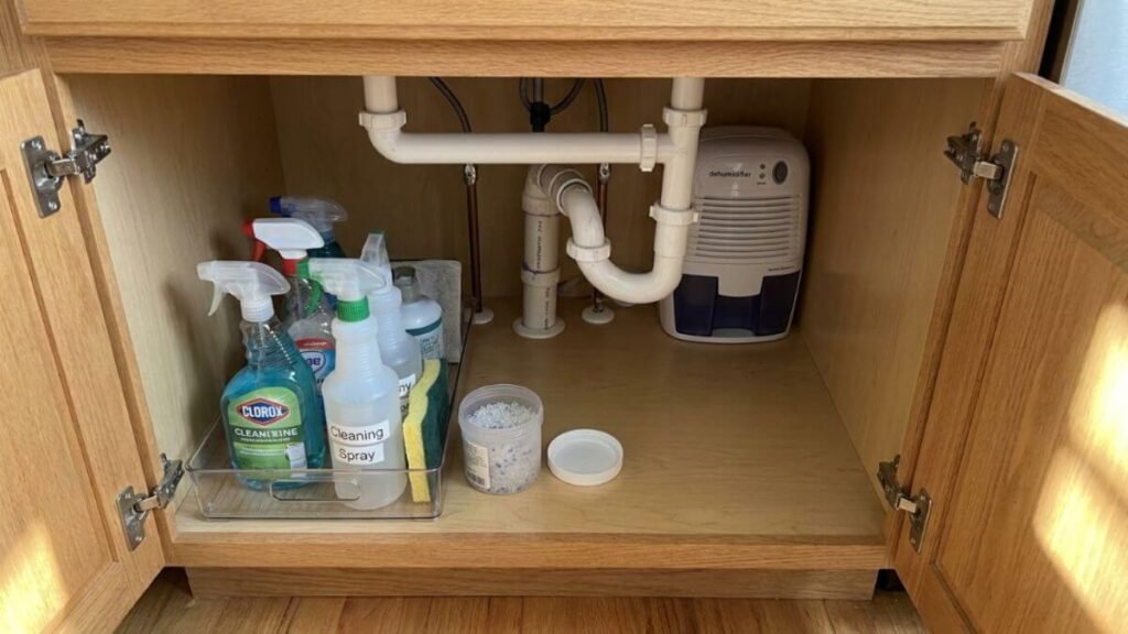 Neatly organized cleaning bottles in a plastic tray to catch drips and prevent mold under the kitchen cabinet