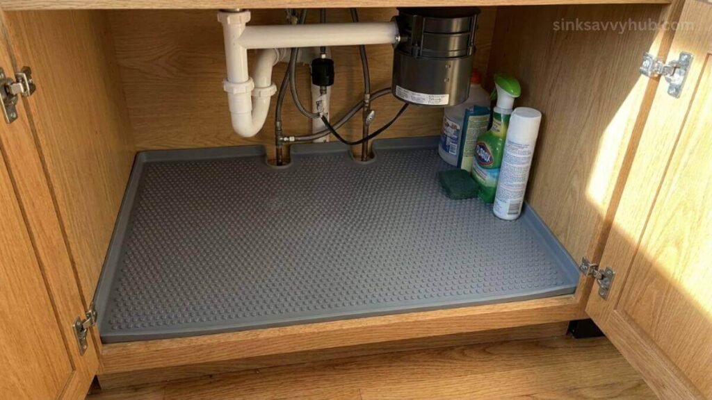 A perfectly placed waterproof mat with raised edges sitting flat to protect the cabinet floor from water damage