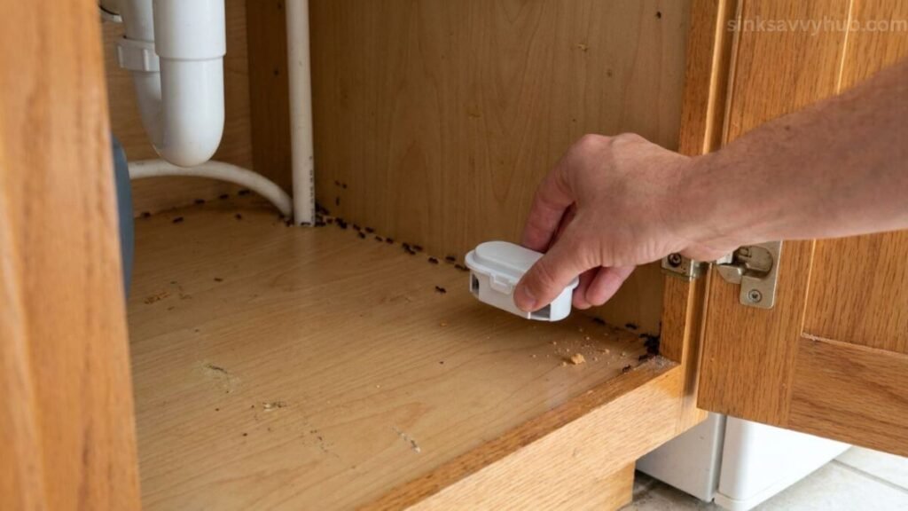 Placing an indoor ant bait station safely near an active trail under the kitchen sink