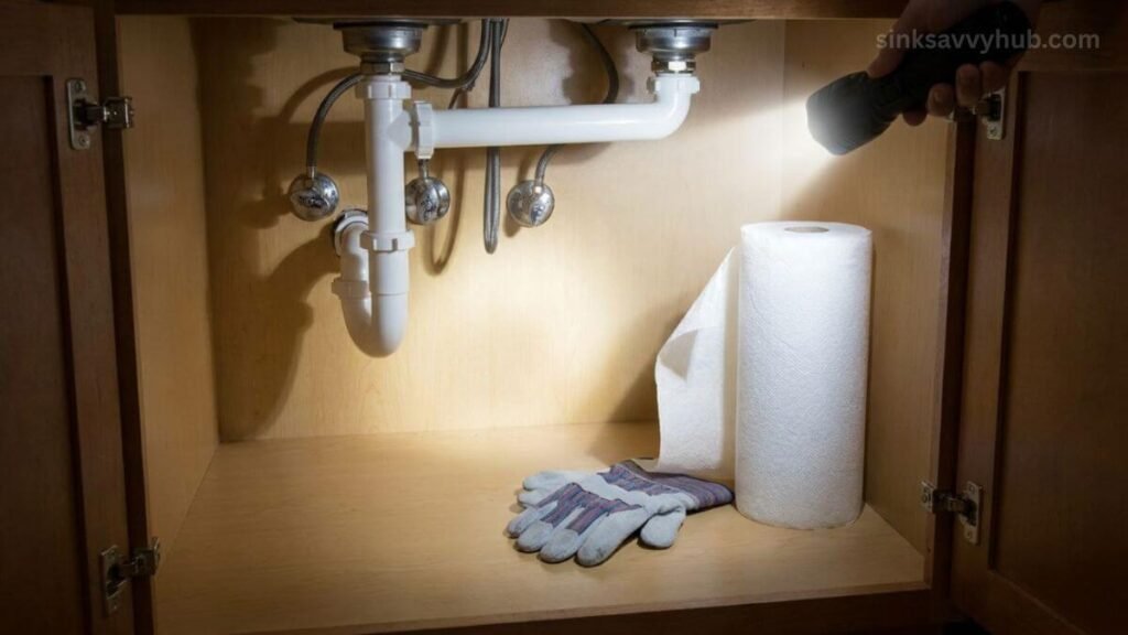 preparing under sink leak inspection Emptying the cabinet and using a bright flashlight with paper towels to prepare for an under sink leak inspection