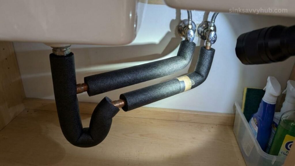 preventing pipe condensation with foam tubes Wrapping cold water supply lines with foam insulation tubes to prevent pipe condensation and mold