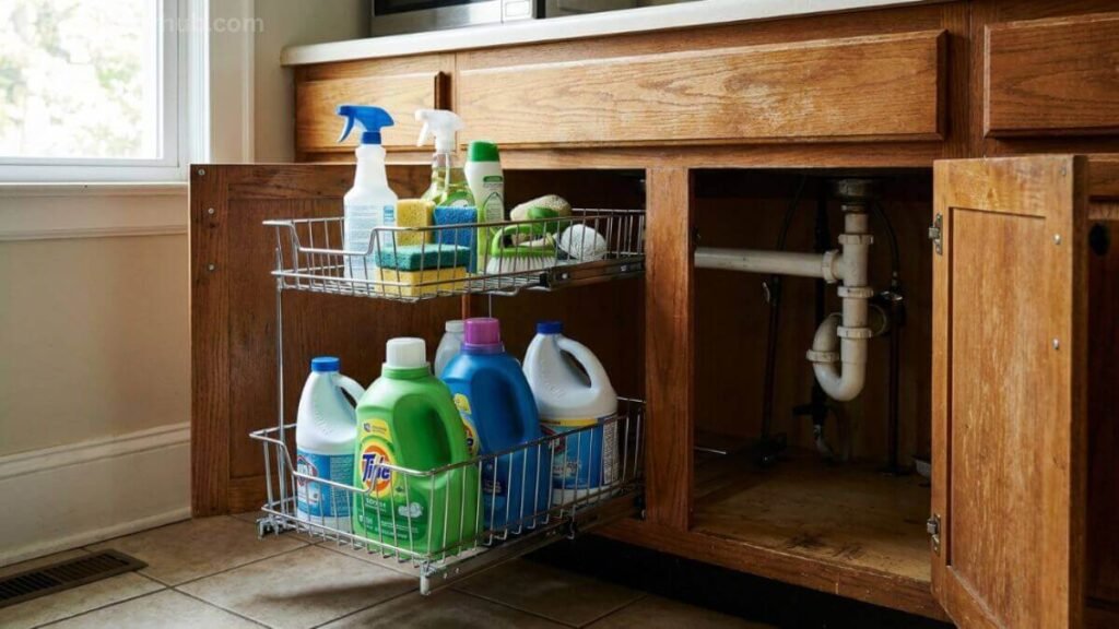 Heavy-duty pull-out sliding drawers making it easy to reach cleaning supplies in a deep cabinet