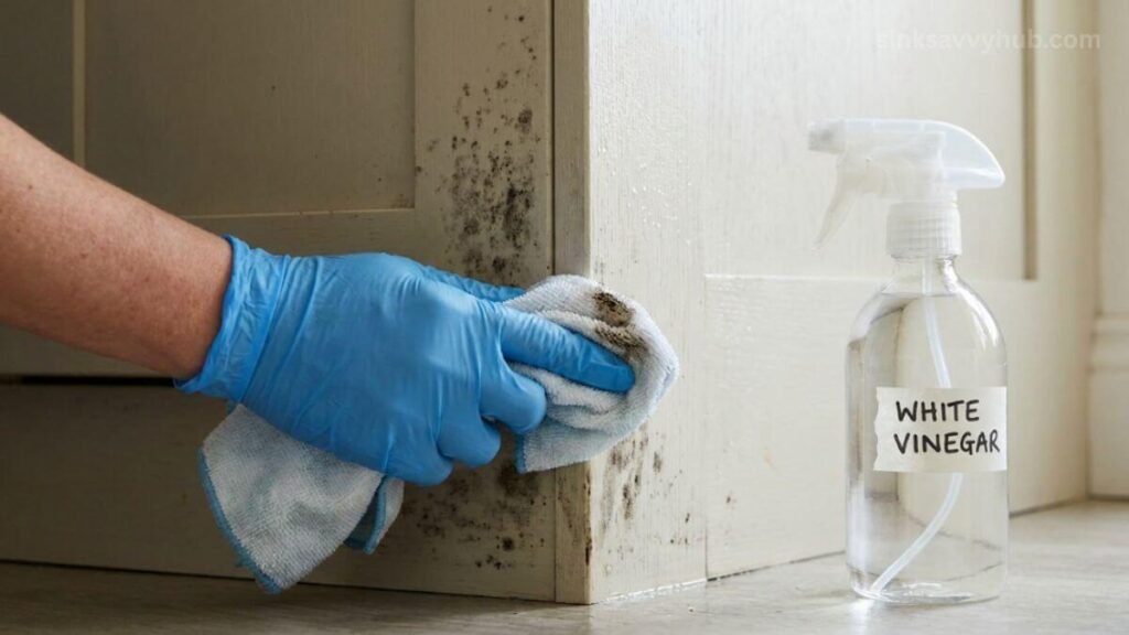 safe surface mold removal with vinegar Spraying white vinegar and wiping with a soft cloth for safe surface mold removal under the sink