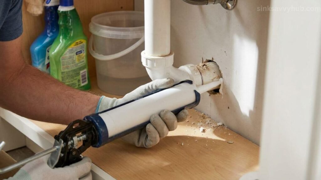  Using caulk to seal small gaps around the kitchen sink pipes to keep ants from coming back inside