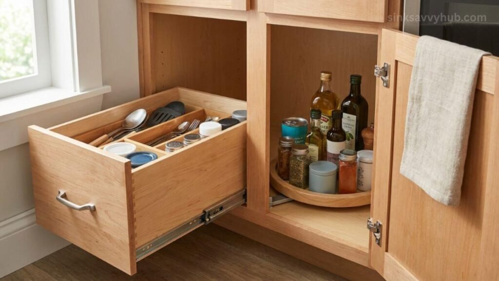 sliding drawer and lazy susan under sink Using a small lazy Susan in the empty space next to an installed sliding drawer under the kitchen sink
