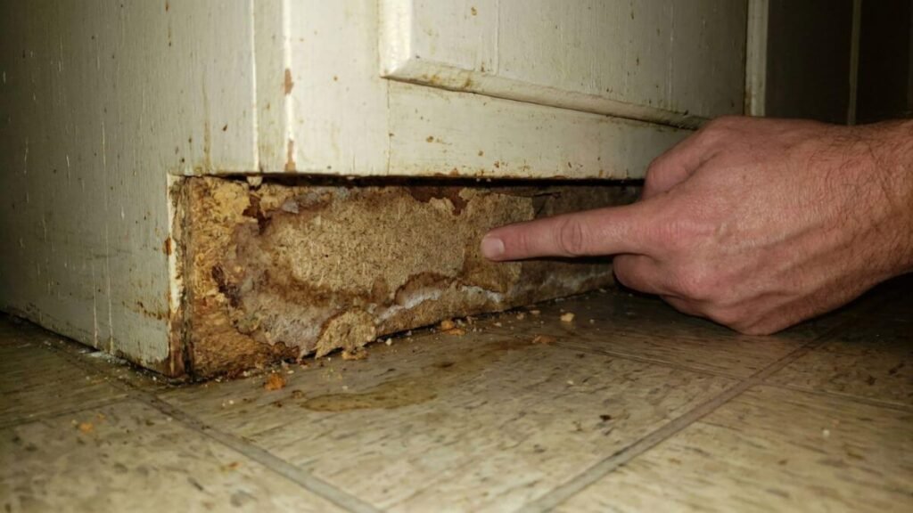 Checking the swollen and crumbly particleboard base under the sink for permanent water and mold damage