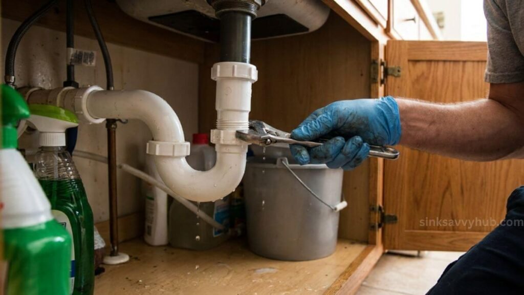 Hand tightening a loose p-trap slip nut to fix a leaking kitchen sink drain