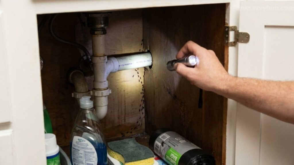Using a flashlight to trace where ants are entering under the kitchen sink near the wall gaps