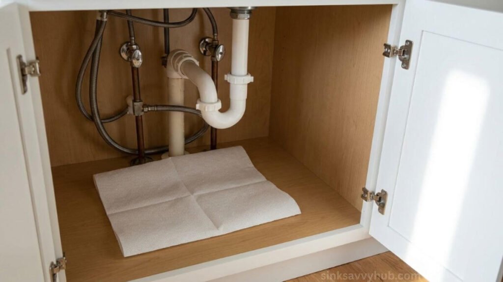 Tracing the exact source of a slow leak under the kitchen sink using a dry paper towel