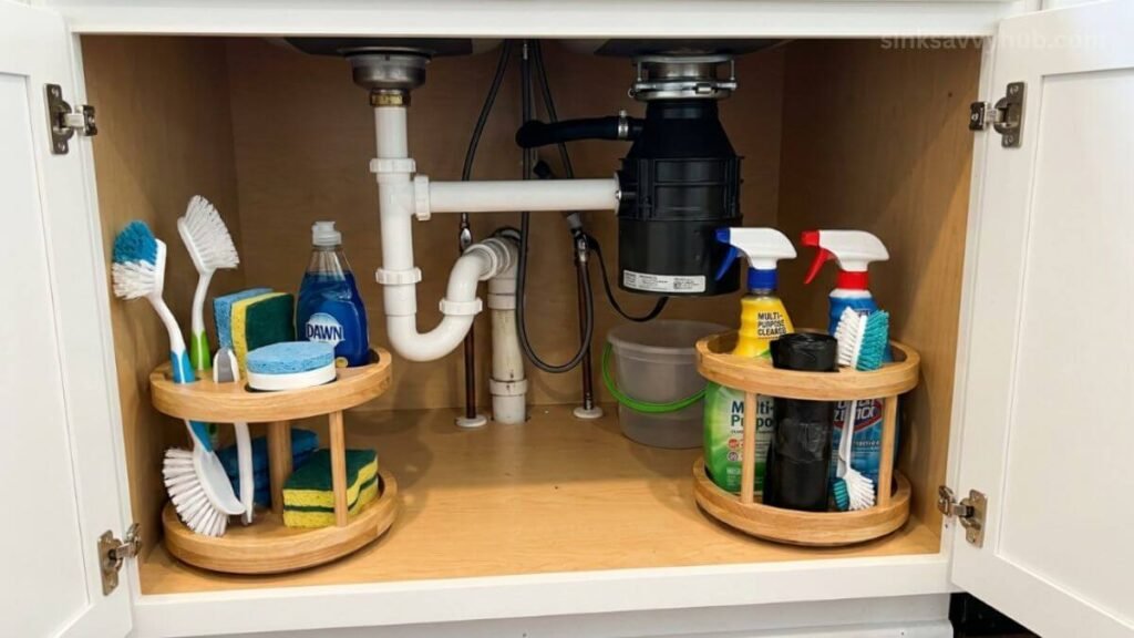 Two small lazy Susan trays set up on both sides of a center drain pipe to use deep corner storage