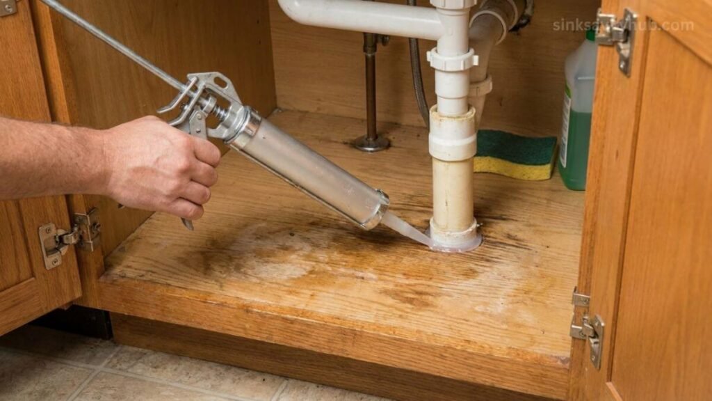 waterproofing under kitchen sink cabinet floor Using clear silicone caulk around drain holes to waterproof the under kitchen sink cabinet floor