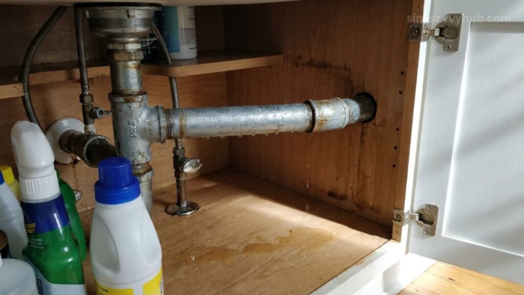 Close-up of a cold metal water pipe under the kitchen sink sweating heavily with condensation drops.