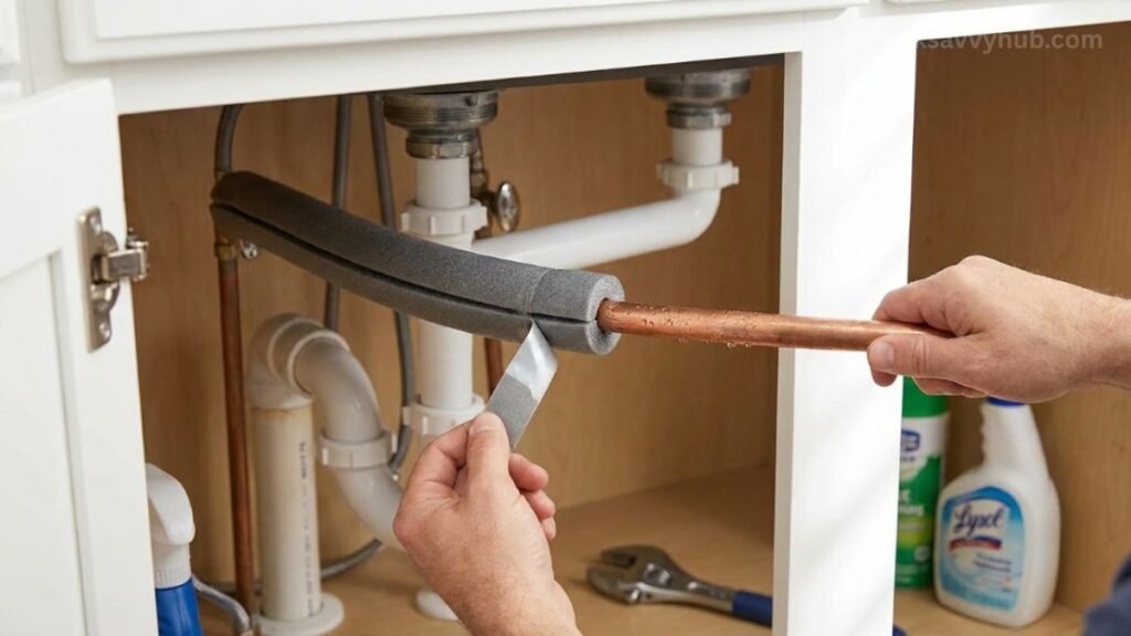 Wrapping a cold water supply line with a closed-cell foam insulation sleeve and tape to stop condensation.